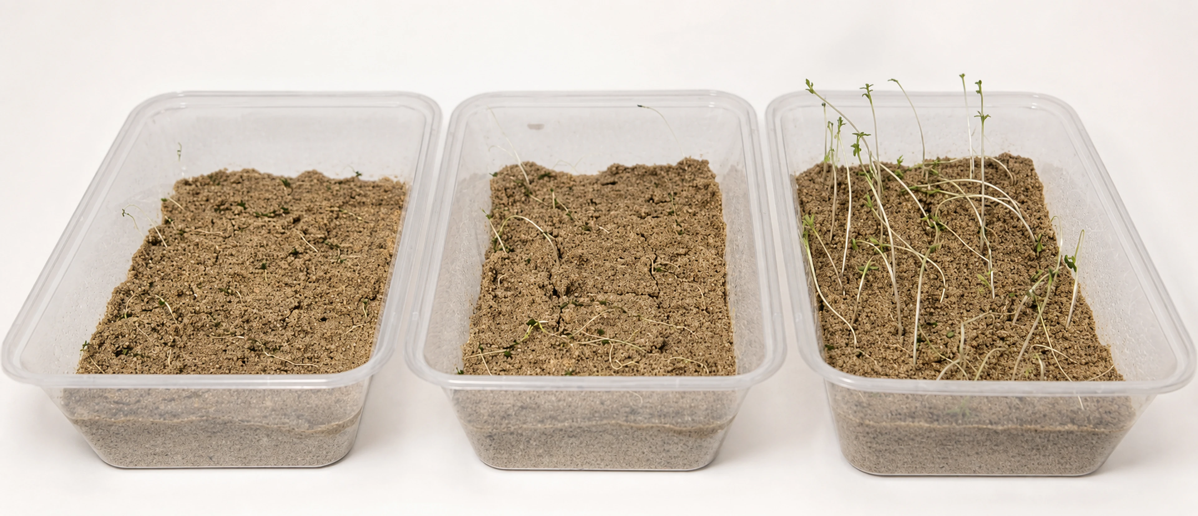 Three trays after 48 hours without water: the water and soluble zinc trays are nearly bare while the NanoViva zinc tray retains more shoots.
