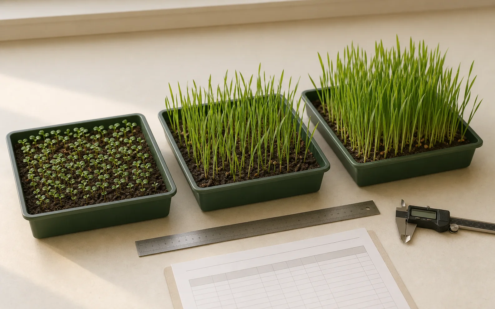 Three crop trial trays at different growth stages beside measuring tools and a blank data sheet.