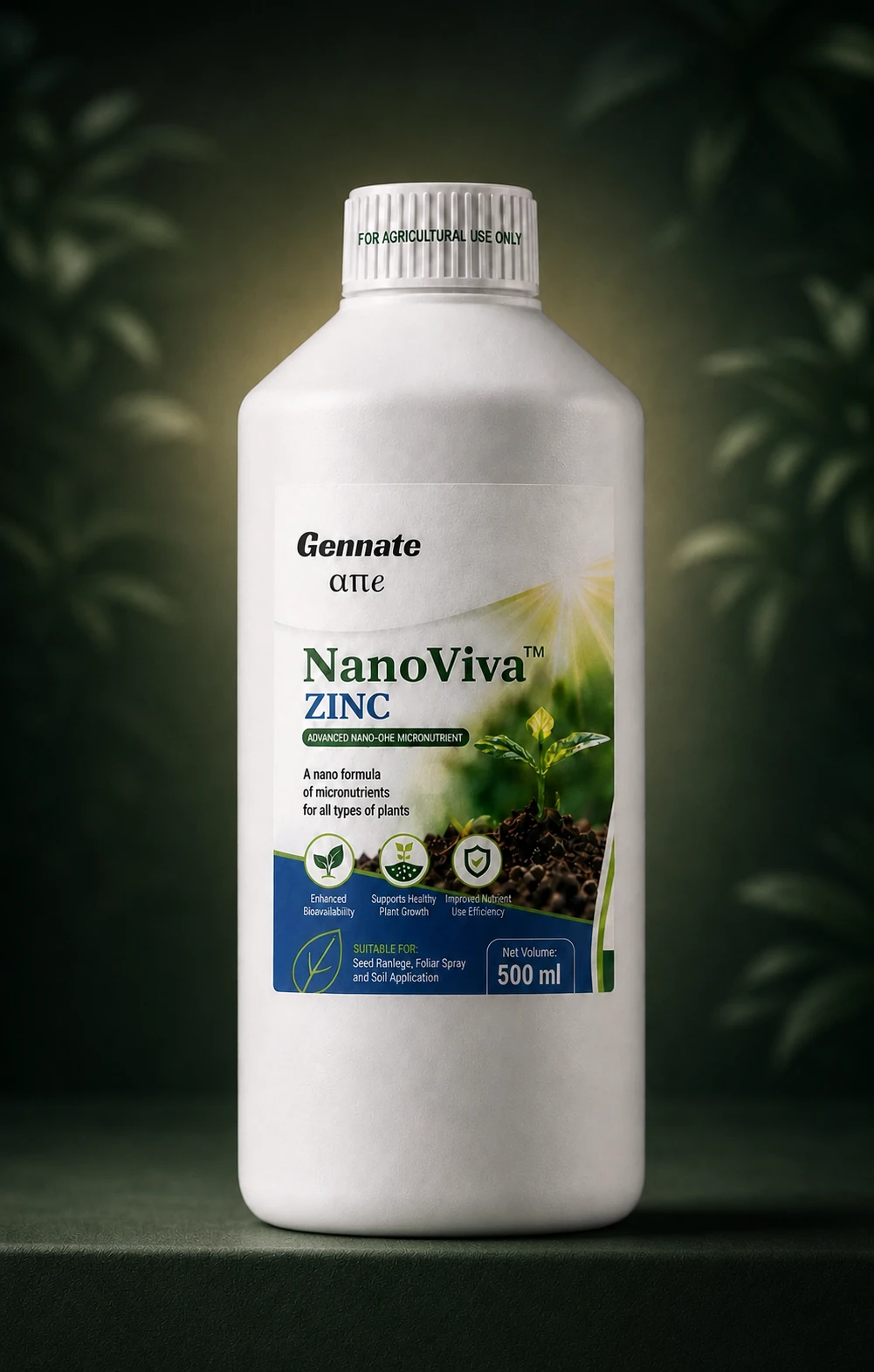 Full-length NanoViva Zinc 500 millilitre plant nano-nutrient bottle against a deep botanical-green background.