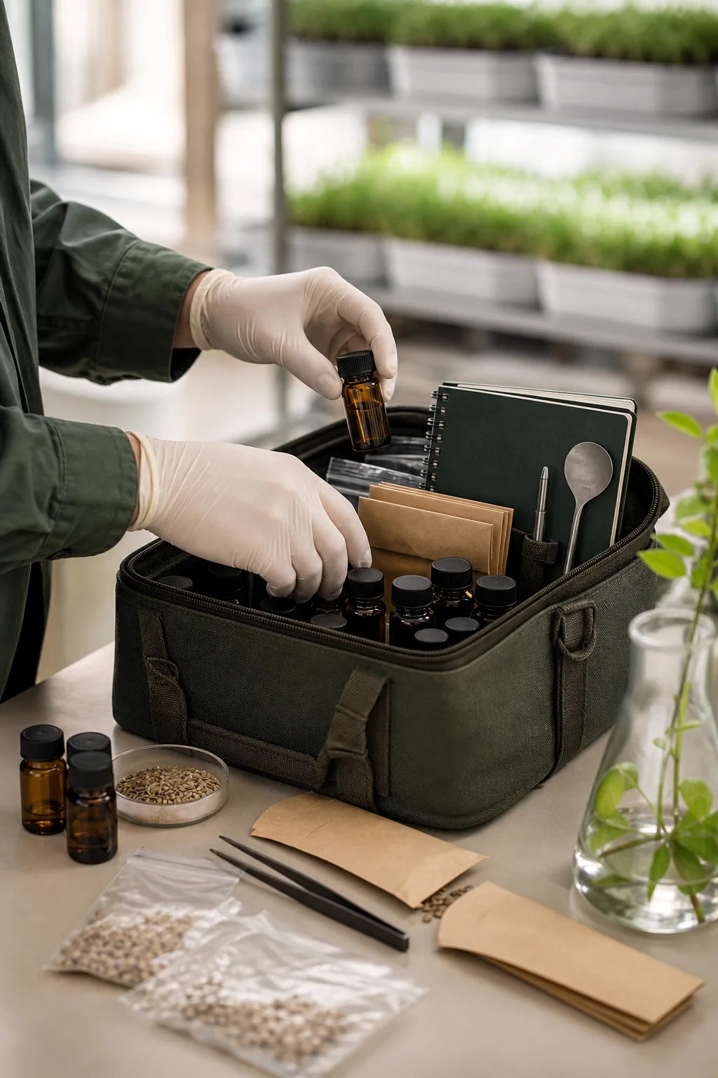 Gloved hands preparing unbranded sample vials, seed envelopes and field notes for a crop trial.