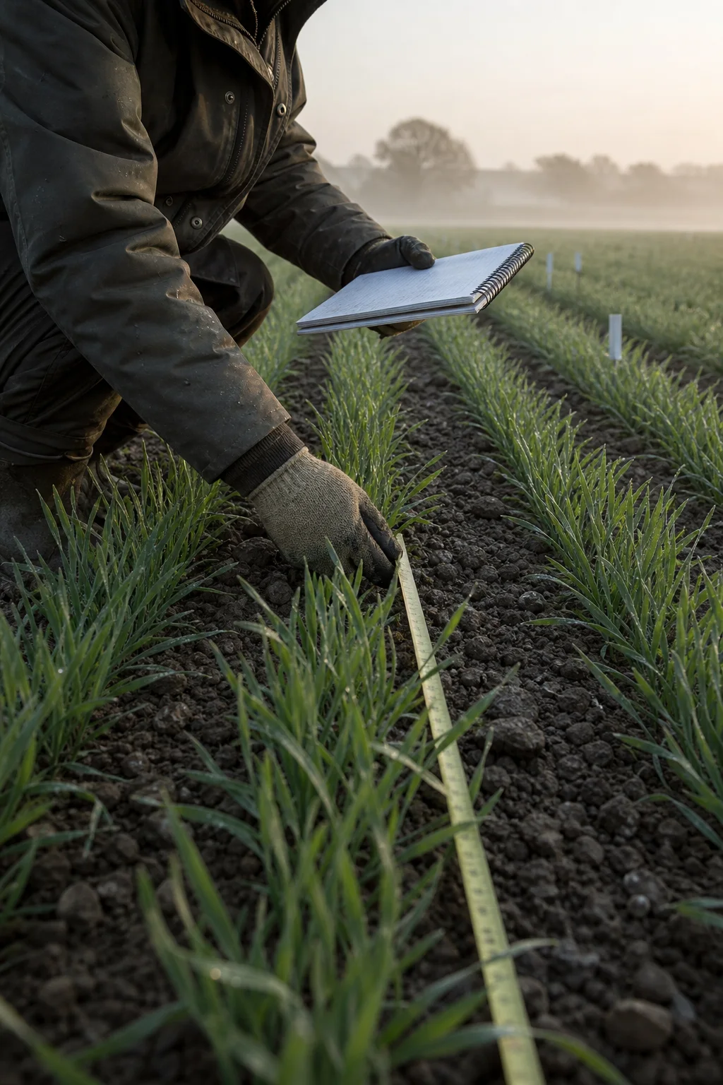 Gloved hands measuring crop rows in a field trial at first light.