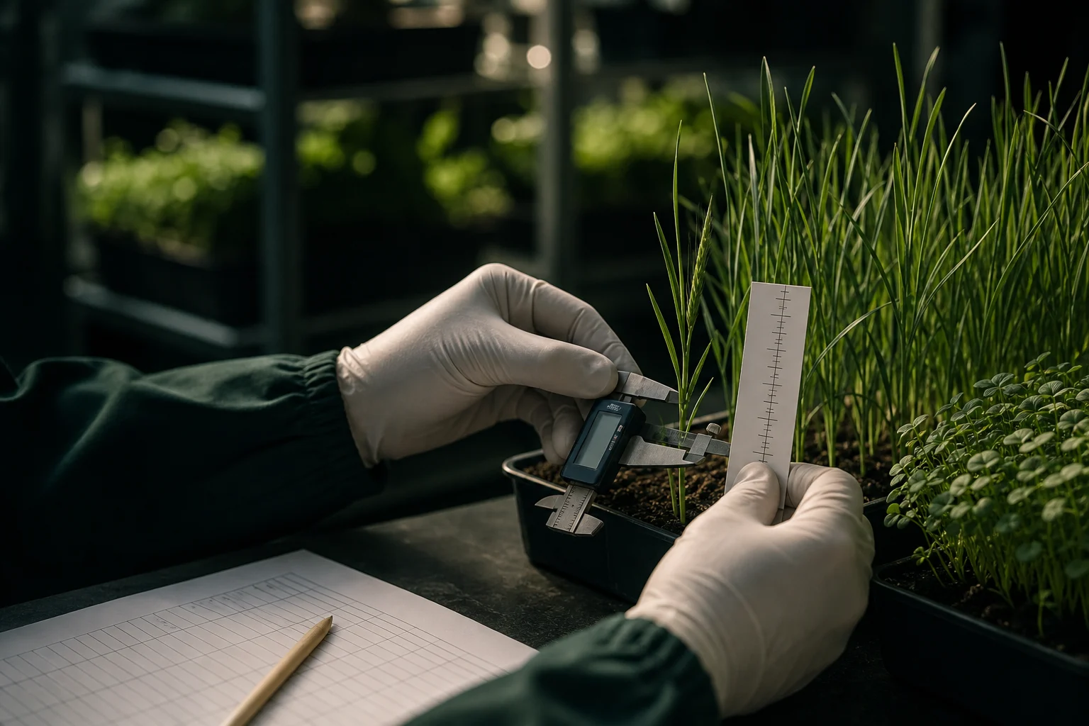Gloved hands measuring young crop shoots with digital calipers and a ruled card beside an unbranded data sheet.